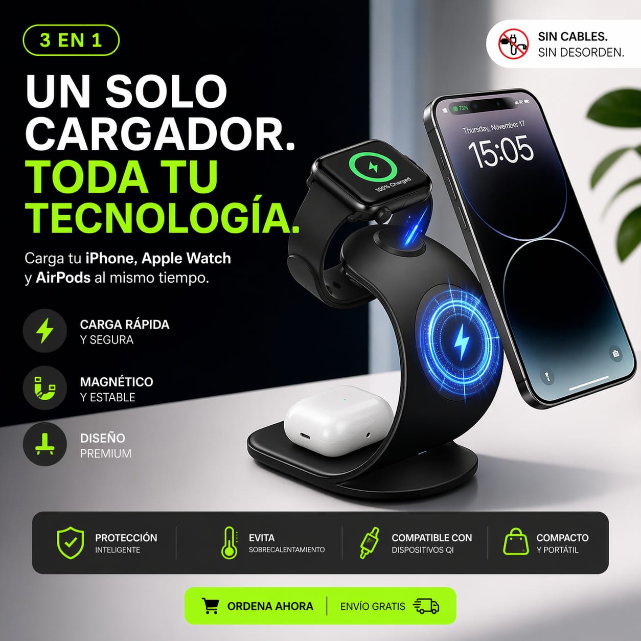 Cargador 3 en 1 inalambrico
