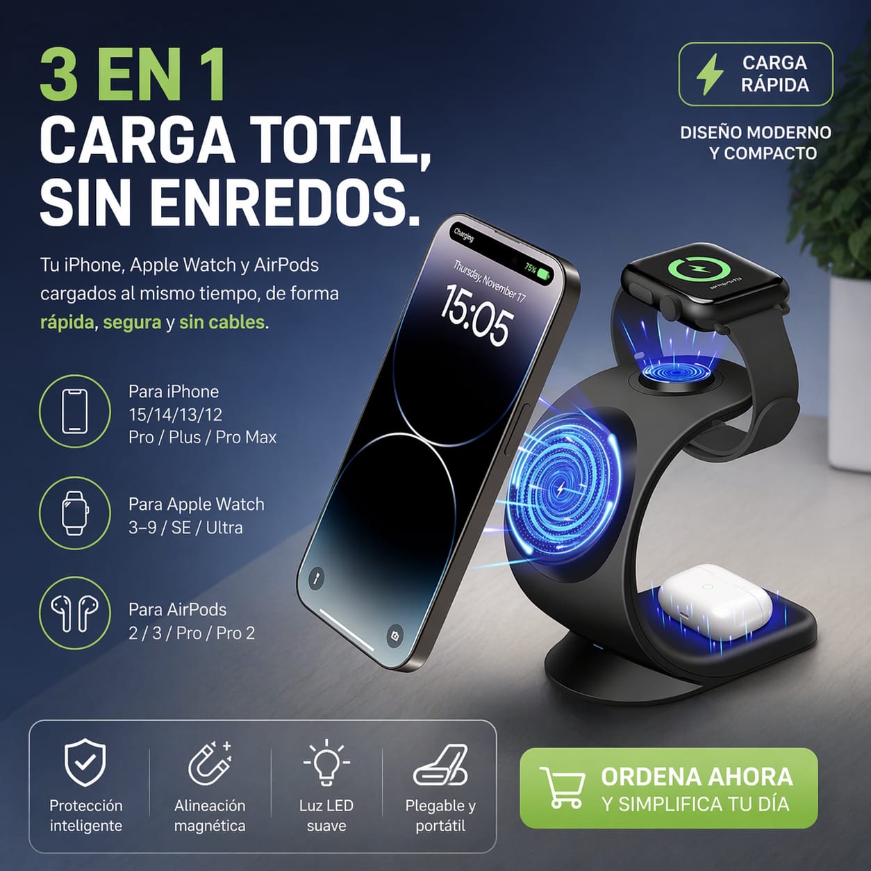 Cargador 3 en 1 inalambrico